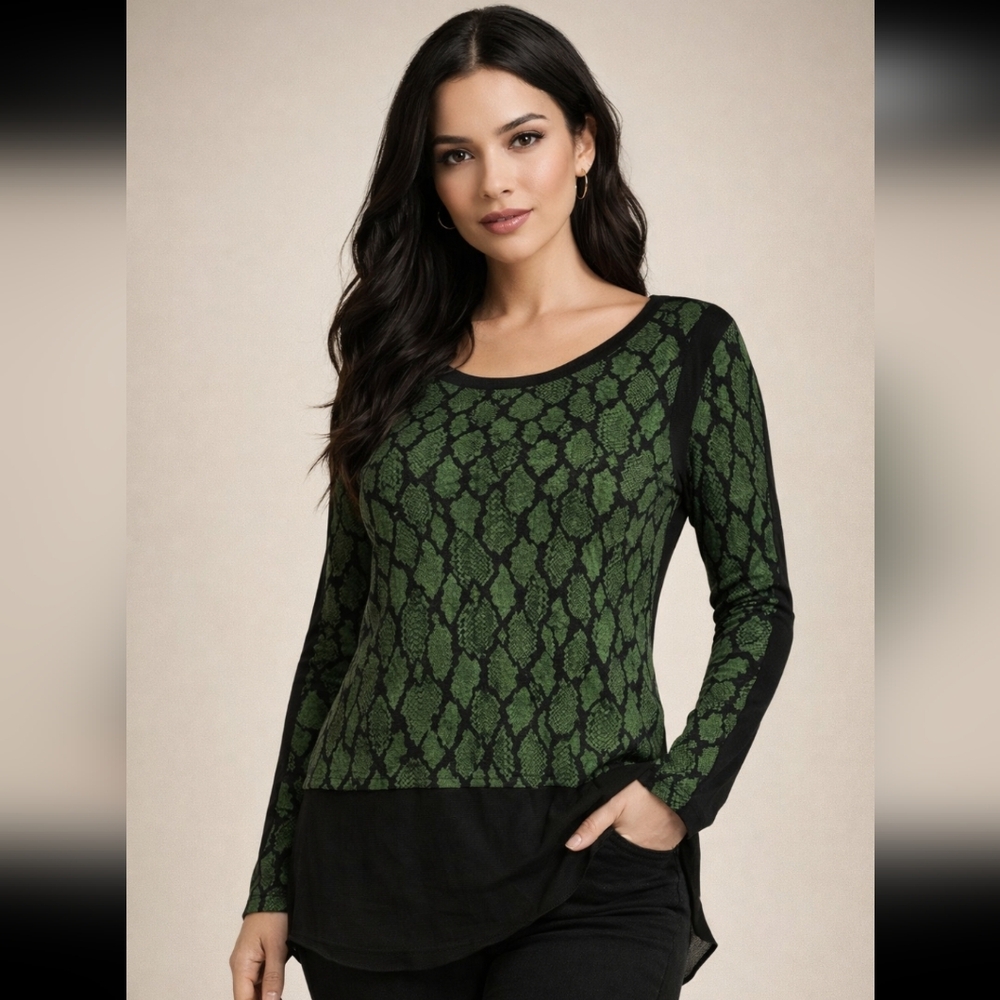 Michael Kors Green & Black Snakeskin Print Top | Sheer Hem Detail Sz M